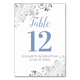 Blue Gray on White Elegant Frilly Wedding Tischnummer
