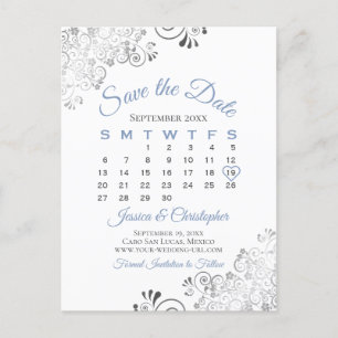 Blue Gray on White Wedding Save the Date Calendar Ankündigungspostkarte