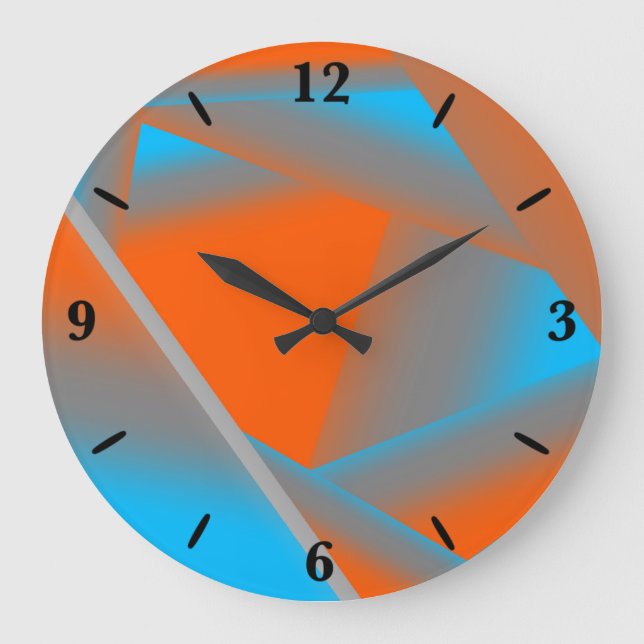 Blue Gray Orange Ombre Geometric Abstrakt Art Große Wanduhr (Vorderseite)