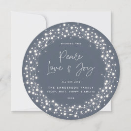 Blue-Gray Peace Liebe+Joy Script Sparkling Lights Feiertagskarte