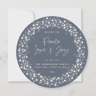 Blue-Gray Peace Liebe+Joy Script Sparkling Lights Feiertagskarte