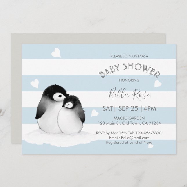 Blue Gray Pinguin Baby Dusche Einladungen (Vorne/Hinten)