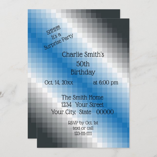 Blue Gray Pixel Party Einladung (Vorne/Hinten)