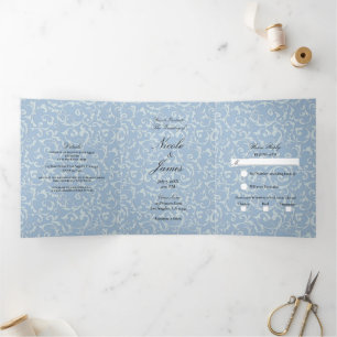Blue Gray Princess Swirl Elegante Messe Hochzeit Dreifach Gefaltete Einladung