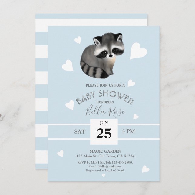 Blue Gray Raccoon Baby Shower Einladungen (Vorne/Hinten)