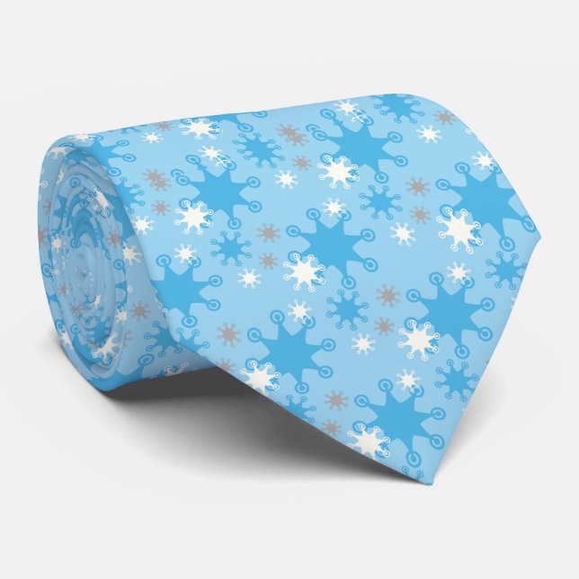 Blue & Gray Retro Snowflake Männer Krawatte (Gerollt)