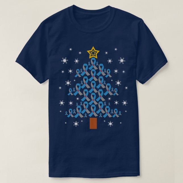 Blue & Gray Ribbon Xmas Tree Typ 1 Diabetes Aware T-Shirt (Design vorne)