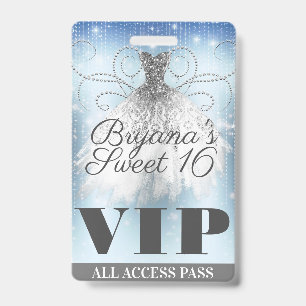 Blue Gray Silver Sparkle Dress Sweet 16 VIP Pass Ausweis