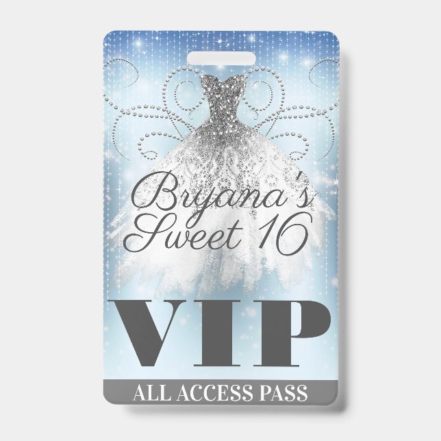 Blue Gray Silver Sparkle Dress Sweet 16 VIP Pass Ausweis (Vorderseite)