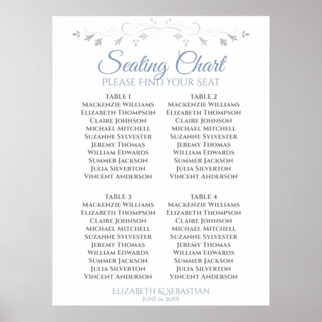 Blue & Gray Simple 4 Table Wedding Chart Poster (Vorne)