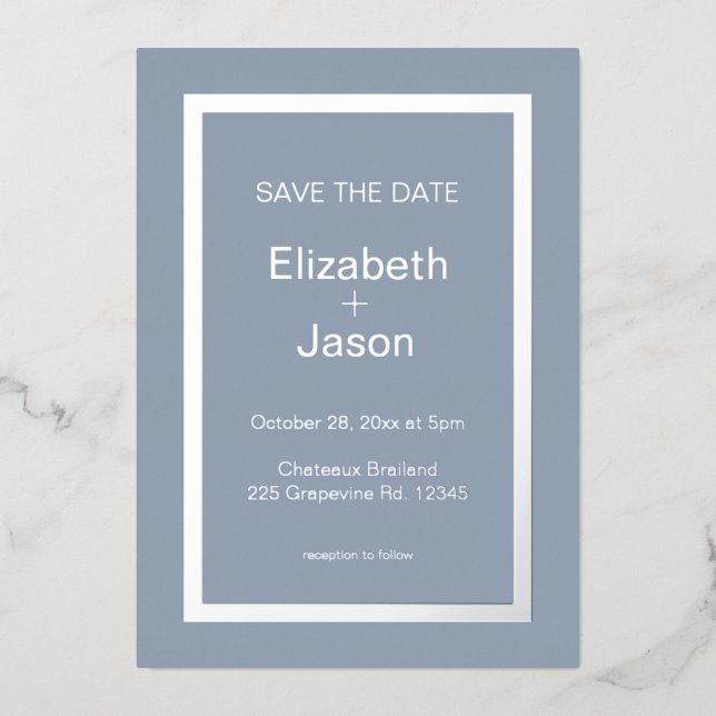 Blue Gray Simple Wedding Save the Date Silver Folieneinladung (Vorderseite)