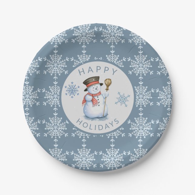 Blue Gray Snowflakes Snowman Holiday Party Pappteller (Vorderseite)