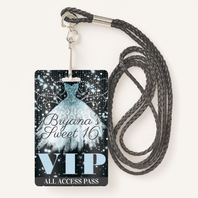 Blue Gray Sparkle Dress Sweet 16 VIP Pass Ausweis (Vorderseite mit Schlüsselband)
