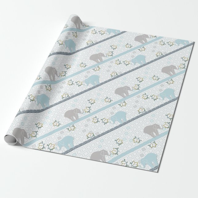 Blue & Gray Stripe Elephant Safari | Babydusche Geschenkpapier (Ungerollt)