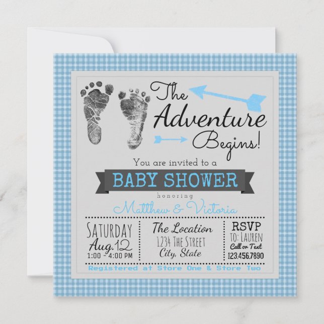 Blue Gray The Adventure fängt Boy Baby Shower an Einladung (Vorderseite)