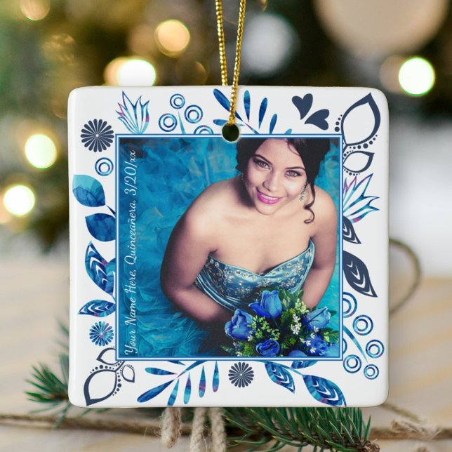 Blue-Gray und Aqua Weihnachts-Foto Keramikornament (royal blue quinceanera photo tree ornament frame keepsake floral flowers leaves photo frame gift)
