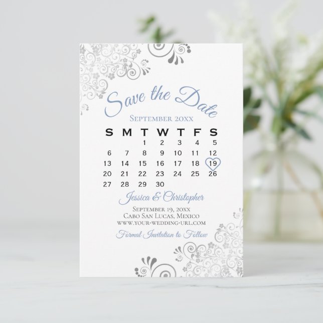 Blue Gray & White Einfache Hochzeitskalender Save The Date (Stehend Vorderseite)