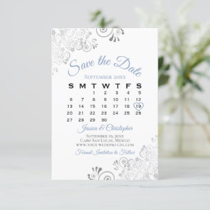 Blue Gray & White Einfache Hochzeitskalender Save The Date