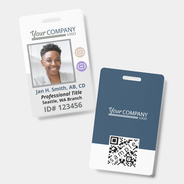 Blue-Gray White Employee Foto ID, Logo & QR Code Ausweis (Vorder- & Rückseite)