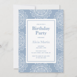 Blue Gray & White Mandala Blume Geburtstagsparty Einladung