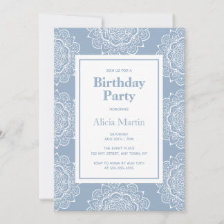 Blue Gray & White Mandala Blume Geburtstagsparty Einladung