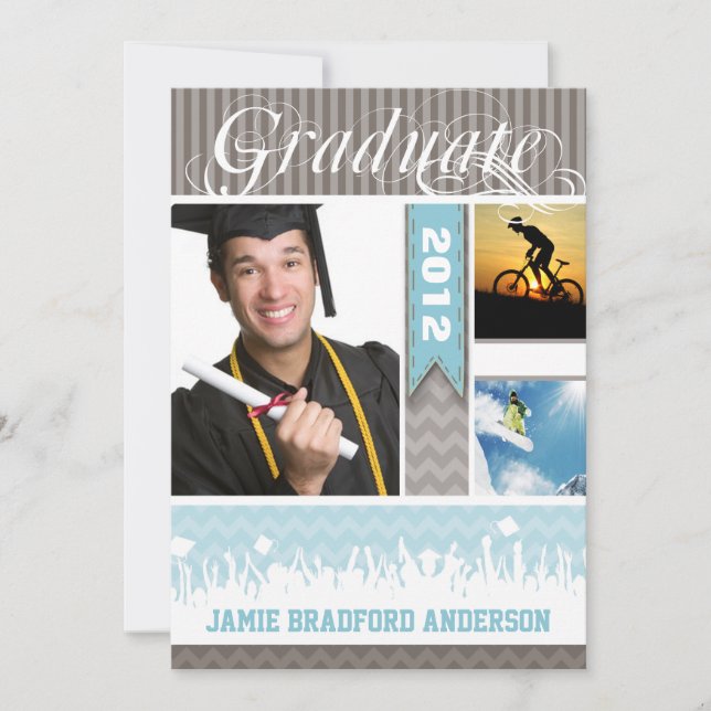 Blue & Gray Zig Zag Senior 3 Pictures Class of Ankündigung (Vorderseite)
