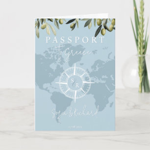 Blue Greece Wedding Passport World Map Compass Einladung