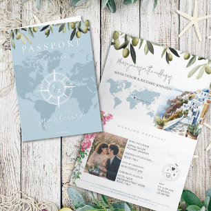 Blue Greece Wedding Passport World Map Compass Einladung