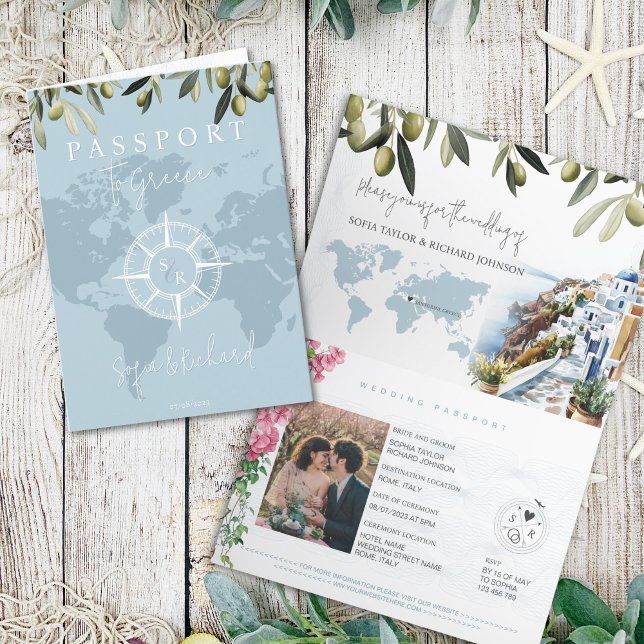 Blue Greece Wedding Passport World Map Compass Einladung (greece passport wedding invitation with olive branches, bougenvilia and watercolor santorini illustr)