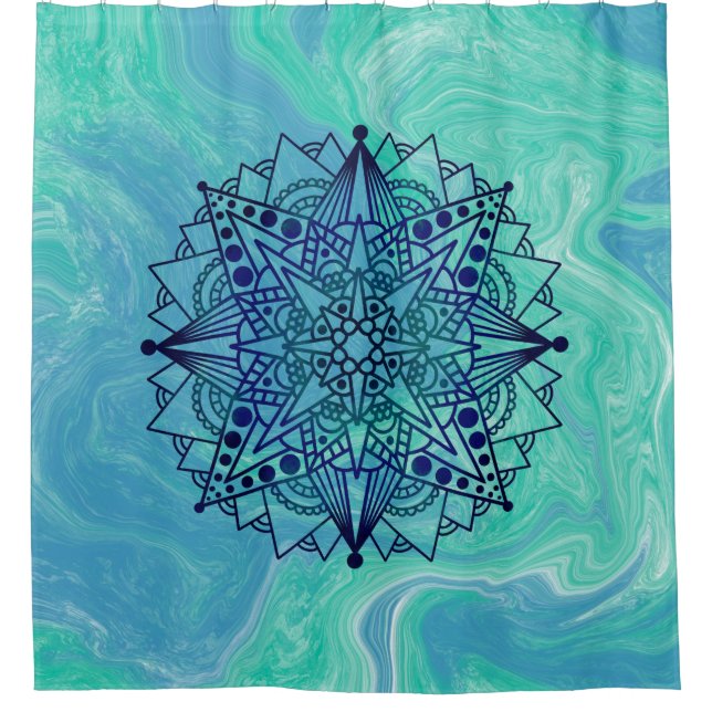 Blue Green Abstrakt Mandala Zen Duschvorhang (Vorderseite)
