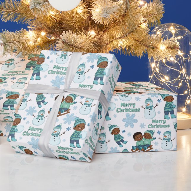 Blue & Green African American Boys Merry Christmas Geschenkpapier (Feiertage)