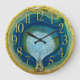 Blue & Green Agate Geode with Crystals Gold Detail Große Wanduhr