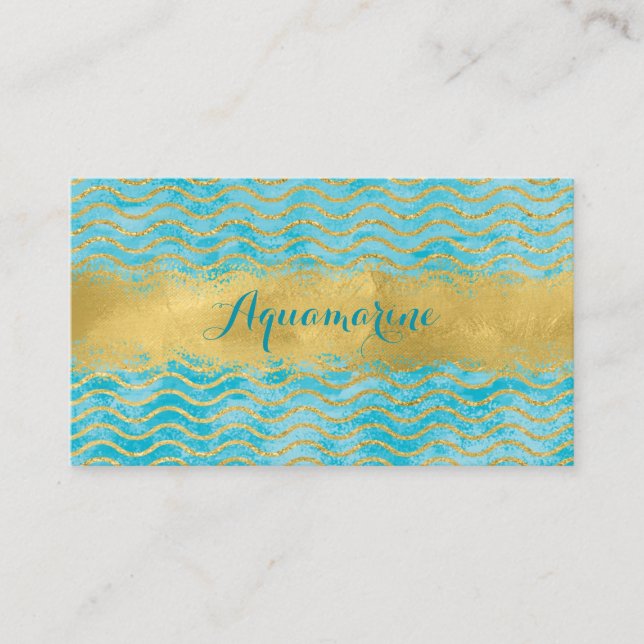 Blue Green and Gold Waves Ocean Business Card Visitenkarte (Vorderseite)