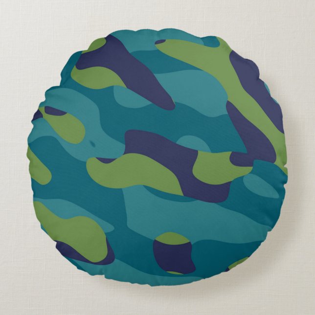 Blue Green and Teal Camo Abstract Rundes Kissen (Vorderseite)