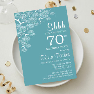Blue Green Aqua Pine Branch Surprise 70th Birthday Einladung