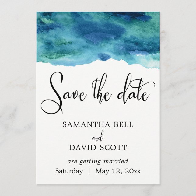 Blue Green Aqua Wasserfarbe Moderne Save the Date  (Vorderseite)