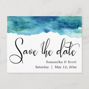 Blue Green Aqua Wasserfarbe Moderne Save the Date Ankündigungspostkarte