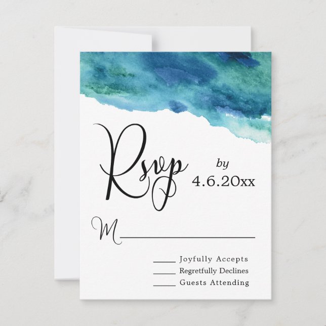 Blue Green Aqua Watercolor Modernes Hochzeitsszena RSVP Karte (Vorderseite)