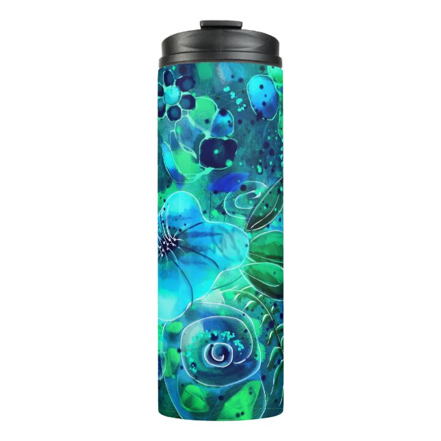 Blue Green Aquamarin Floral Abstrakte Blume Blume Thermosbecher (Vorderseite)