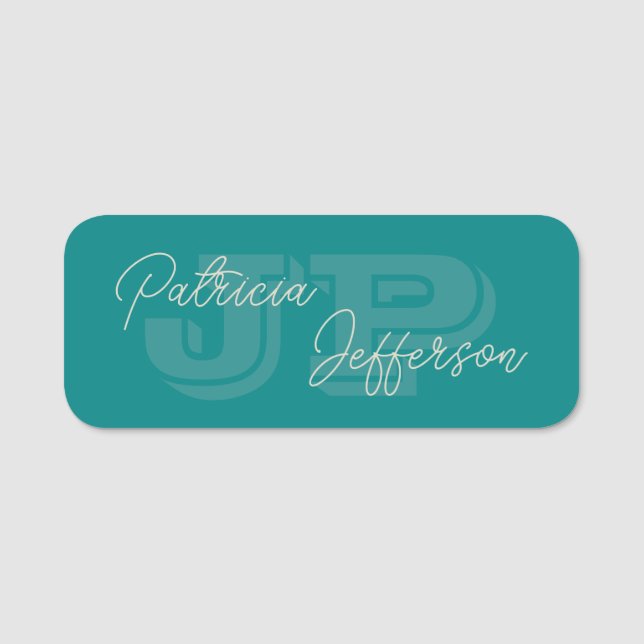 Blue Green Aquamarin Monogram & Handgeschriebene K Namensschild (Vorderseite)