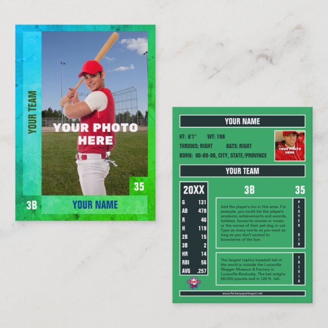 Blue/Green Baseball Trading Card - Benutzerdefinie Telefonnummerkarte (Vorne/Hinten)