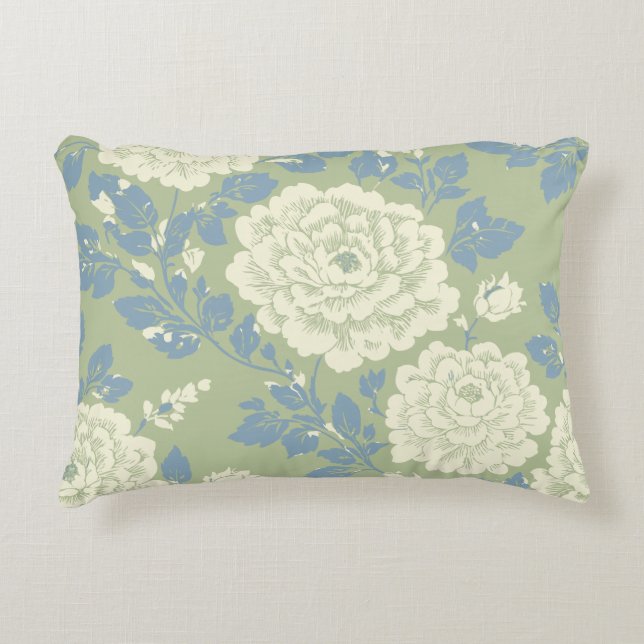 Blue Green Block Print Floral Round Pouf Dekokissen (Vorderseite)
