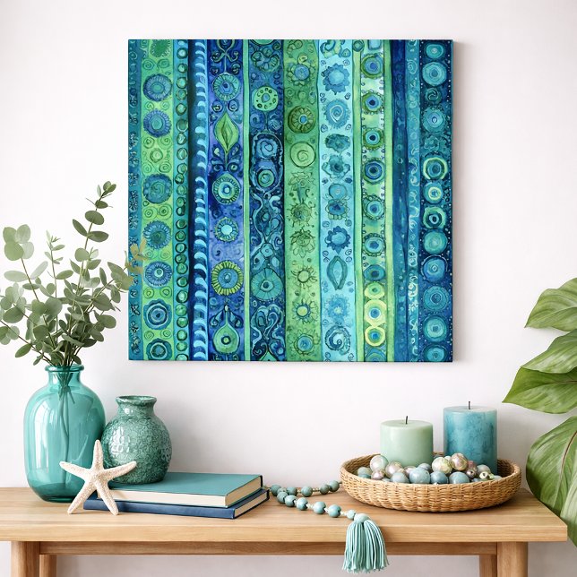 Blue Green Boho Stripe Watercolor Wall Art Poster (Blue and green boho-inspired. wall art)