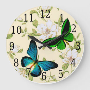 Blue & Green Butterflies On Dogwood Flowers Clock Große Wanduhr