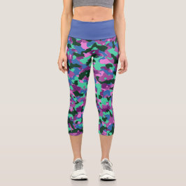 Blue Green Camouflage Capri Leggings, stilvolle Ca