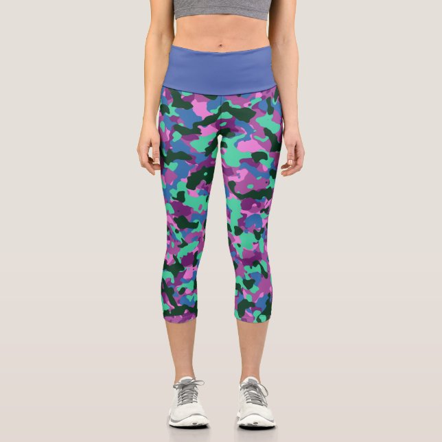 Blue Green Camouflage Capri Leggings, stilvolle Ca (Vorderseite)