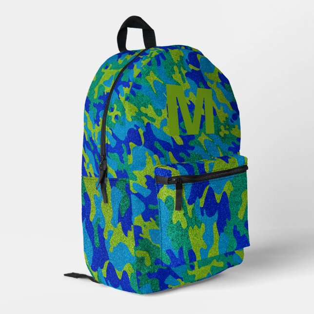 Blue Green Camouflage Glitter Outdoorsy Monogram Bedruckter Rucksack (Rückseitige Ecke links)