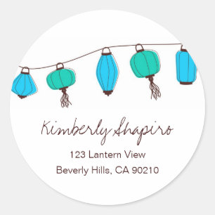 Blue Green Chinese Lantern Address Labels Runder Aufkleber