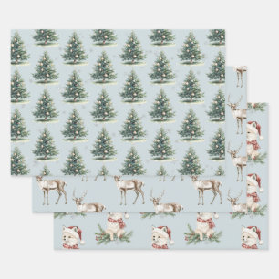 Blue Green Christmas Trees Deer Fox Geschenkpapier Set