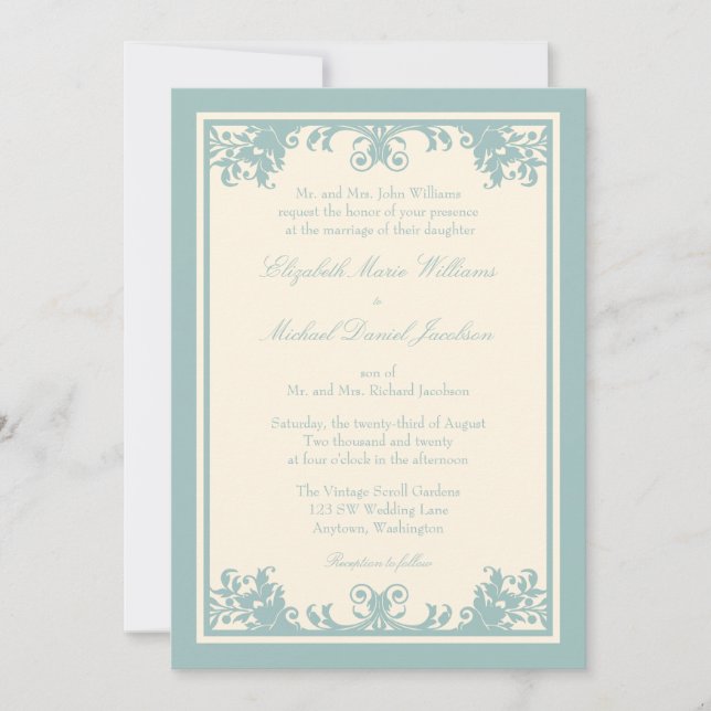 Blue Green Cream Vintagen Blüh Scroll Wedding Einladung (Vorderseite)